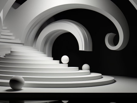 Abstract minimalistic contrast black and white scene with geometric shapes. 3D visualization AIの素材
