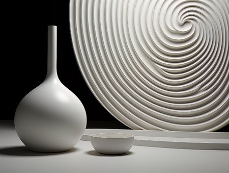 black background with white decor, vase against wall with voluminous twisted lines. AIの素材