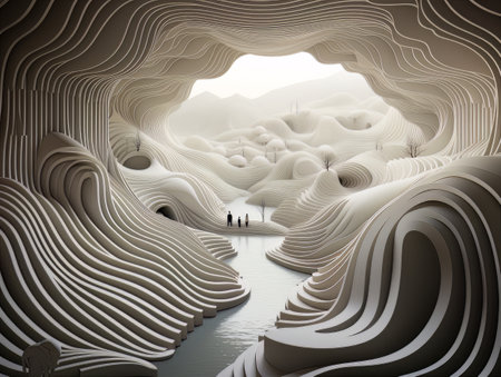 Abstract minimalistic interior black and white 3D tunnel and silhouettes walking towards the light outdoors. AIの素材