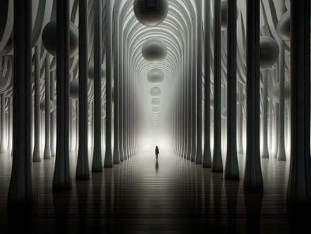 Abstract minimalistic interior black and white 3D tunnel and silhouette of a woman in it. AIの素材