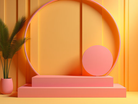 Abstract minimalistic scene with geometric shapes. Podium stage with orange and pink colors for presentation AIの素材