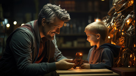 Father and little son are engaged in scientific technology to create a robot. . AIの素材