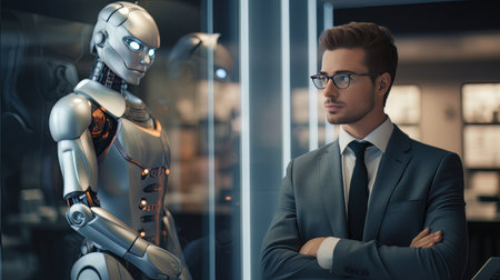 Futuristic digital technology human and robot face, digital smart world metaverse concept AIの素材