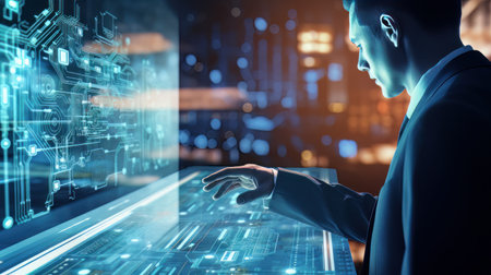 Young adult man works with future technologies. High tech science and engineering concept. AIの素材