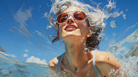 Cartoon girl with sunglasses splashes in the sea AIの素材