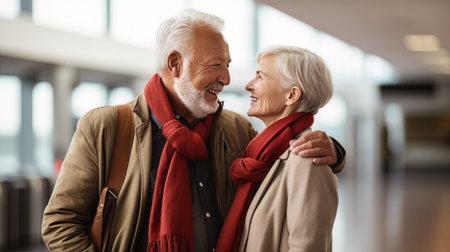 Portrait of elegant old happy couple man and woman standing together on the territory of the airport AIの素材