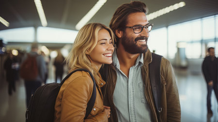 Portrait of elegant happy couple man and woman standing together on the territory of the airport AIの素材