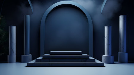 Abstract minimalistic dark blue scene with geometric shapes. 3D visualization AIの素材