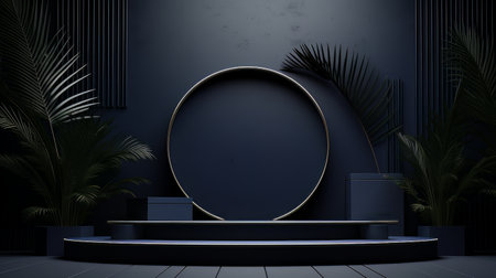 Abstract minimalistic dark blue scene with geometric shapes. 3D visualization AIの素材