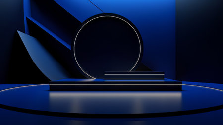 Abstract minimalistic dark blue scene with geometric shapes. 3D visualization AIの素材
