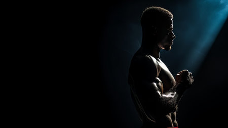 Dramatic portrait of Athletic man on dark background. Martial arts athlete, AIの素材