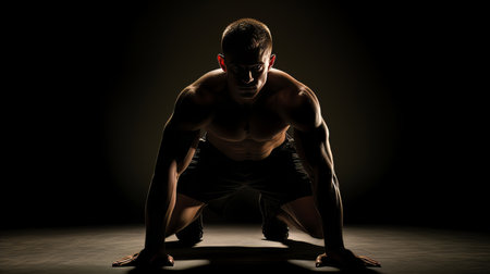 Athletic strong man on dark background. Martial arts athlete, AIの素材