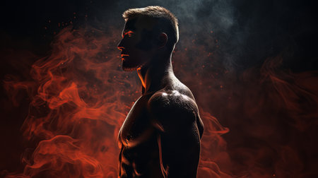 Dramatic portrait of Athletic man on dark background. Martial arts athlete, AIの素材