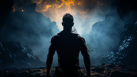 Dramatic portrait of Athletic man on dark background. Martial arts athlete, AIの素材