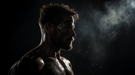 Dramatic portrait of Athletic man on dark background. Martial arts athlete, AIの素材