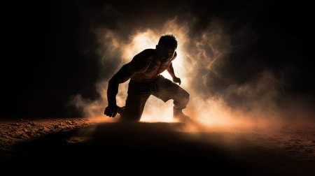 Dramatic portrait of Athletic man on dark background. Martial arts athlete, AIの素材