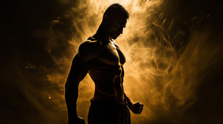 Athletic strong man on dark background. Martial arts athlete, AIの素材