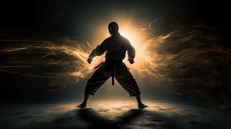 Athletic strong man on dark background. Martial arts athlete, AIの素材