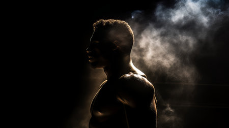 Athletic strong man on dark background. Martial arts athlete, AIの素材