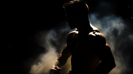 Athletic strong man on dark background. Martial arts athlete, AIの素材