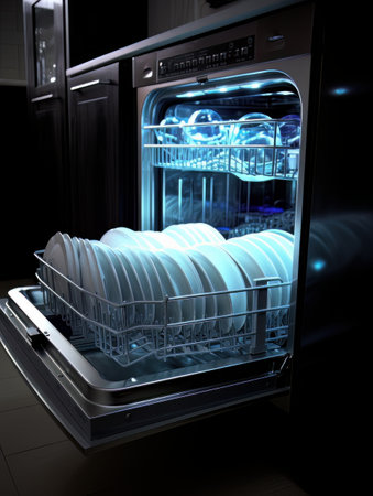 Open dishwasher with clean dishes inside. AIの素材