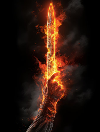 Fire sword in a male warriors hand. AIの素材
