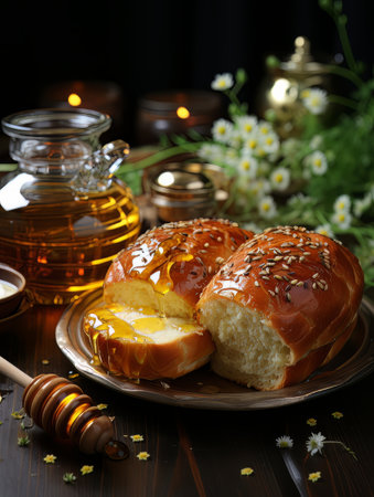 Lush fresh buns with honey and tea on the table. AIの素材