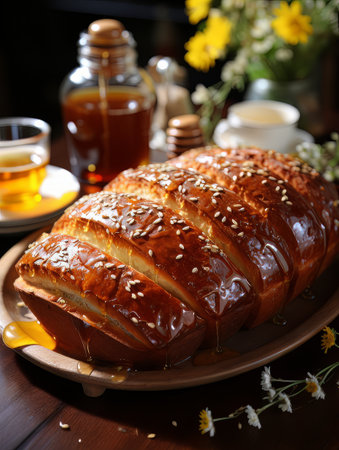 Lush fresh buns with honey and tea on the table. AIの素材