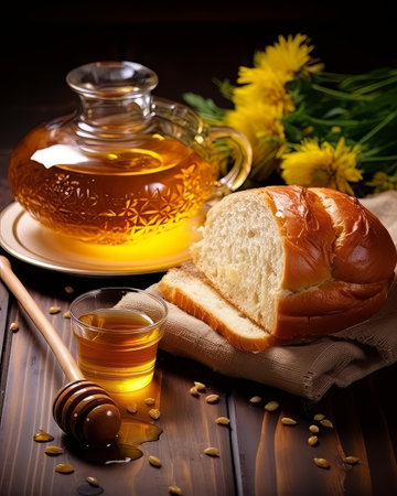 Lush fresh buns with honey and tea on the table. AIの素材