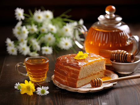 Lush fresh buns with honey and tea on the table. AIの素材