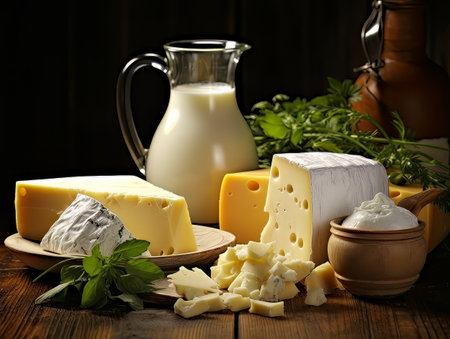 Table with board of different types of fresh cheeses, milk and herbs. AIの素材