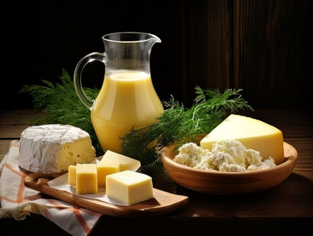 Table with board of different types of fresh cheeses, milk and herbs. AIの素材