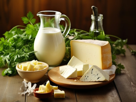 Table with board of different types of fresh cheeses, milk and herbs. AIの素材