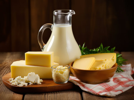 Table with board of different types of fresh cheeses, milk and herbs. AIの素材