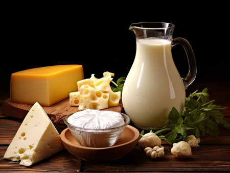 Table with board of different types of fresh cheeses, milk and herbs. AIの素材