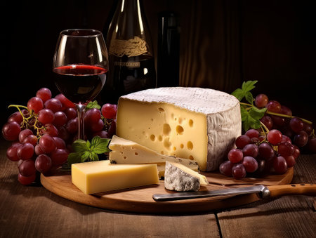 Cheese board with different varieties and glass of wine. AIの素材