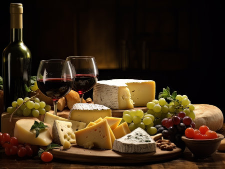 Cheese board with different varieties and two glasses of wine. AIの素材