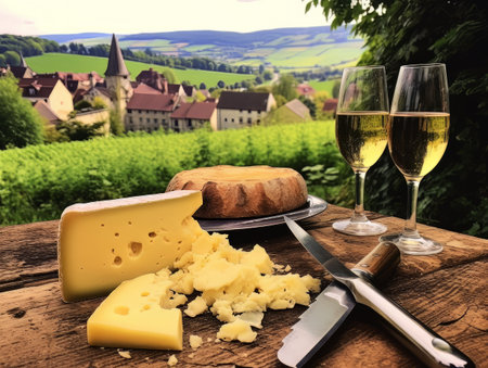 Cheese board with different varieties and white wine against the backdrop of village. AIの素材