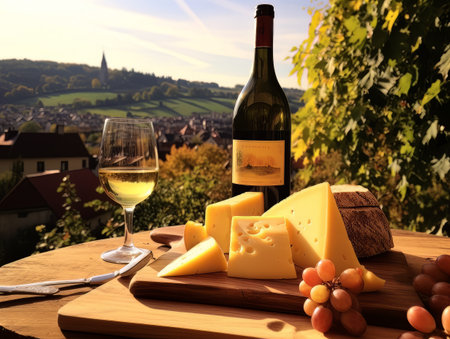 Cheese board with different varieties and white wine against the backdrop of village. AIの素材