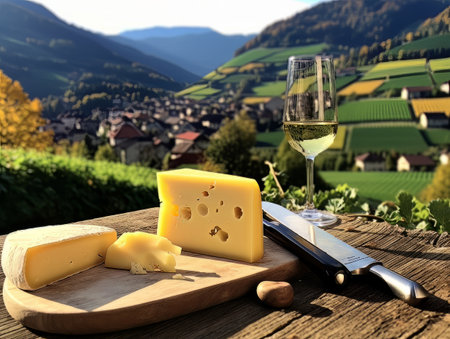 Cheese board with different varieties and white wine against the backdrop of village. AIの素材