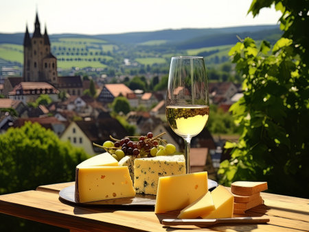 Cheese board with different varieties and white wine against the backdrop of village. AIの素材