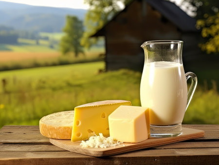 Table with board of different types of cheeses and milk on farmhouse table. AIの素材
