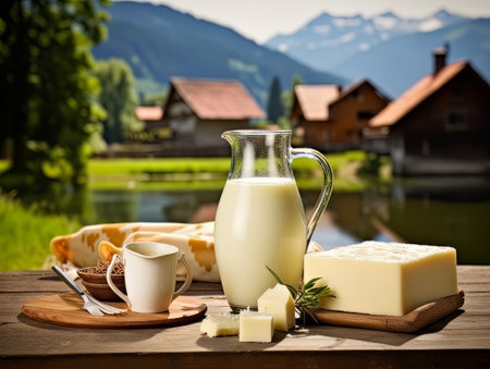 Table with board of different types of cheeses and milk on farmhouse table. AIの素材
