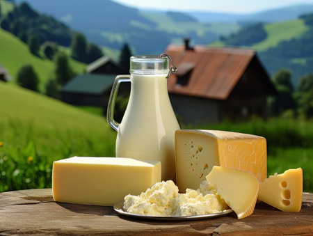 Table with board of different types of cheeses and milk on farmhouse table. AIの素材