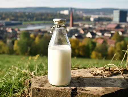 Bottle of homemade village milk against the backdrop of the village. AIの素材