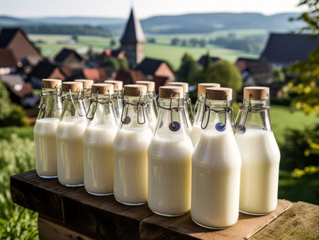Several Bottles of homemade village milk against the backdrop of the village. AIの素材