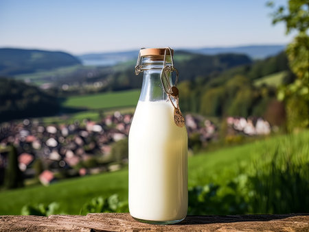 Bottle of homemade village milk against the backdrop of the village. AIの素材