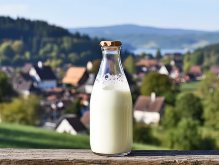 Bottle of homemade village milk against the backdrop of the village. AIの素材