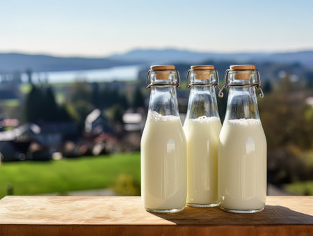 Bottles of homemade village milk against the backdrop of the village. AIの素材