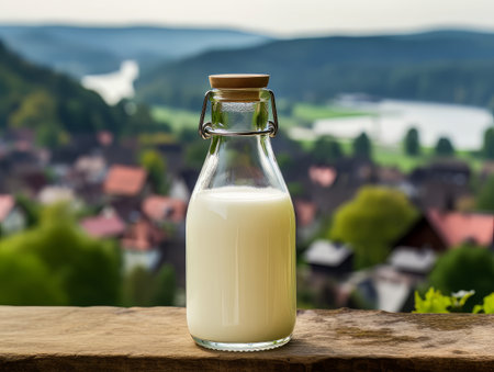 Bottle of homemade village milk against the backdrop of the village. AIの素材